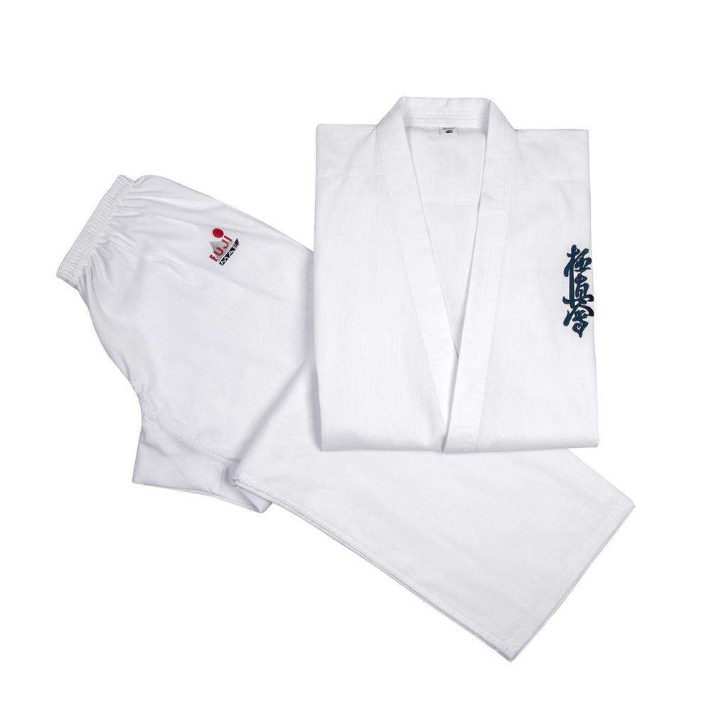 White Fujimae Basic Karaté Gi with blue Kyokushinkai kanji embroidery and elastic waist pants for beginners and training