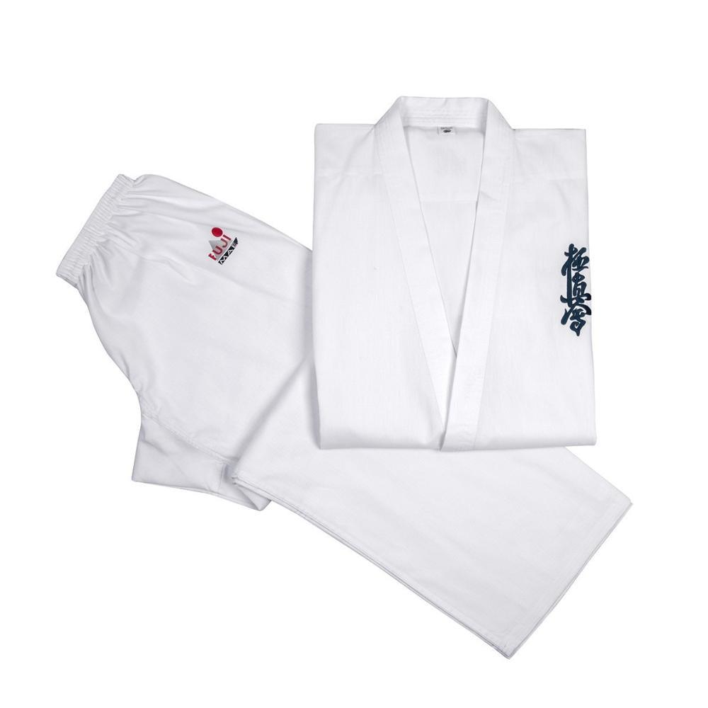 White Karaté Gi set for Kyokushinkai training with embroidered kanji on jacket, lightweight polyester-cotton fabric, elastic waistband pants, beginner-friendly design.