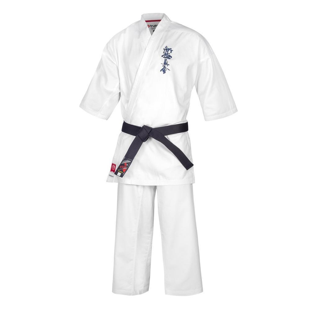 White Kimono de Karaté ShinKyokushinkai Training FUJIMAE with blue embroidery and black belt, made of 100% cotton, traditional cut for karate training
