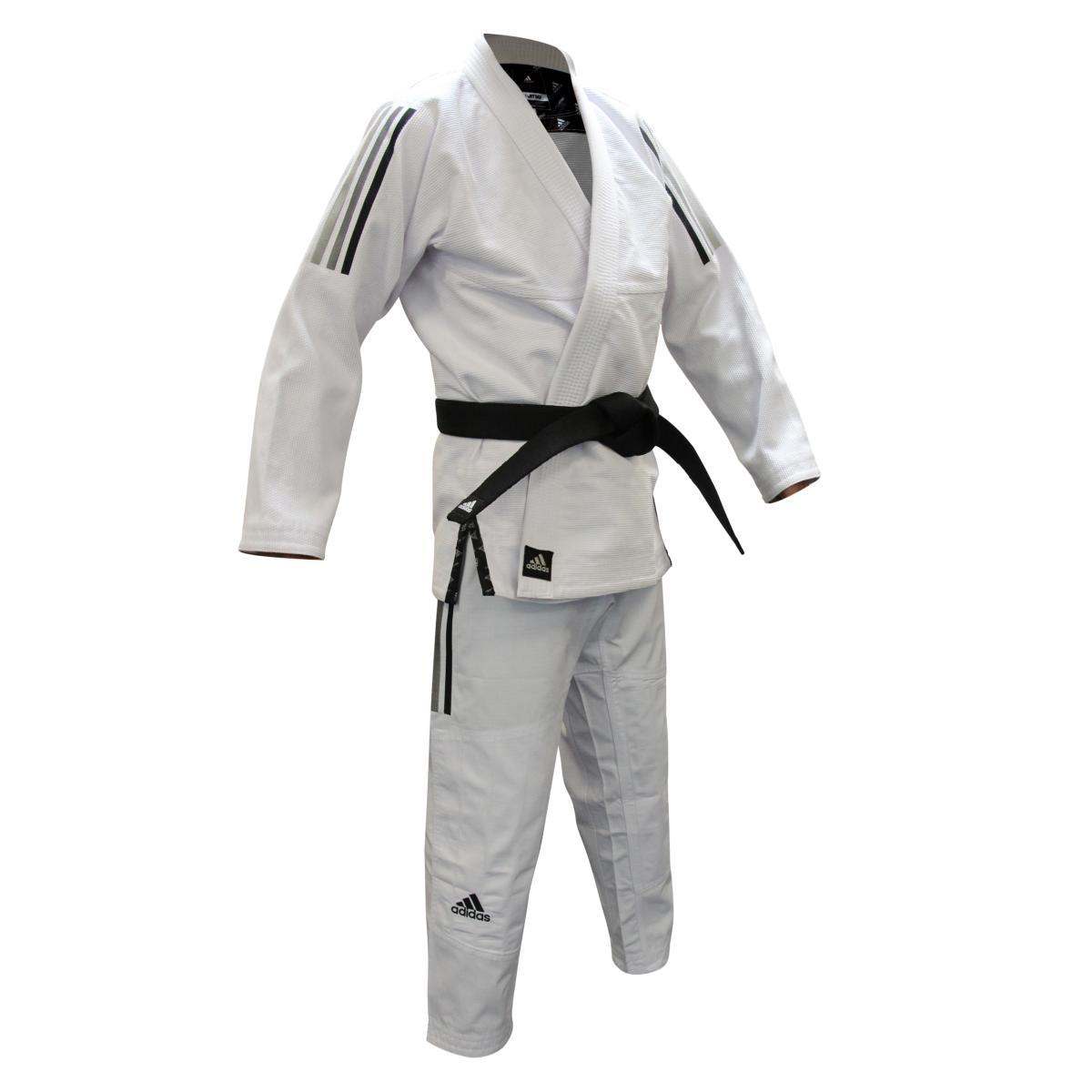 White Adidas Pro Brazilian Jiu Jitsu Gi with black belt, Pearl Weave fabric and reinforced pants.