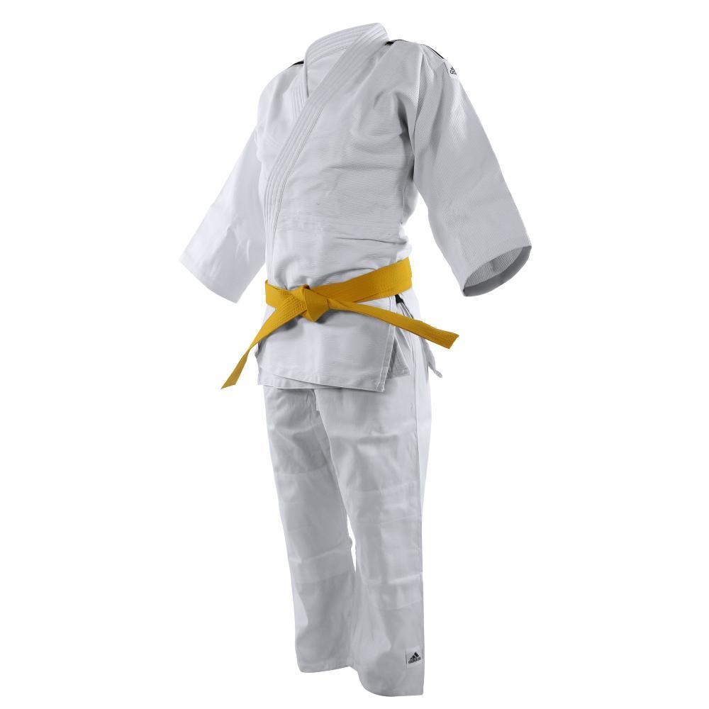 White Adidas Kimono Judo for beginners with black shoulder stripes and durable 350g/m² fabric