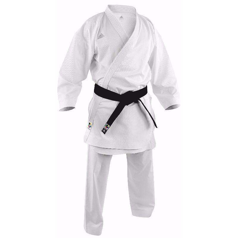 White Adidas Kimono Kumite karate gi with black belt, lightweight and flexible design for combat training and competition