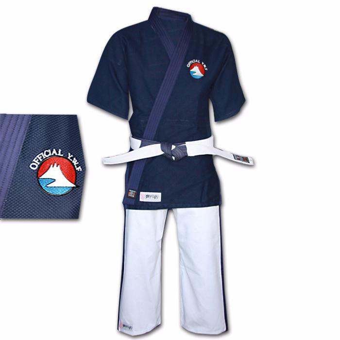 Yoseikan Budo kimono set with navy blue rice grain textured jacket and white pants with blue stripes, embroidered logo, 100% cotton.
