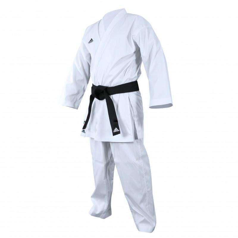 White Adidas Adilight K191 karate gi with black belt, lightweight and breathable, WKF approved for competition and training