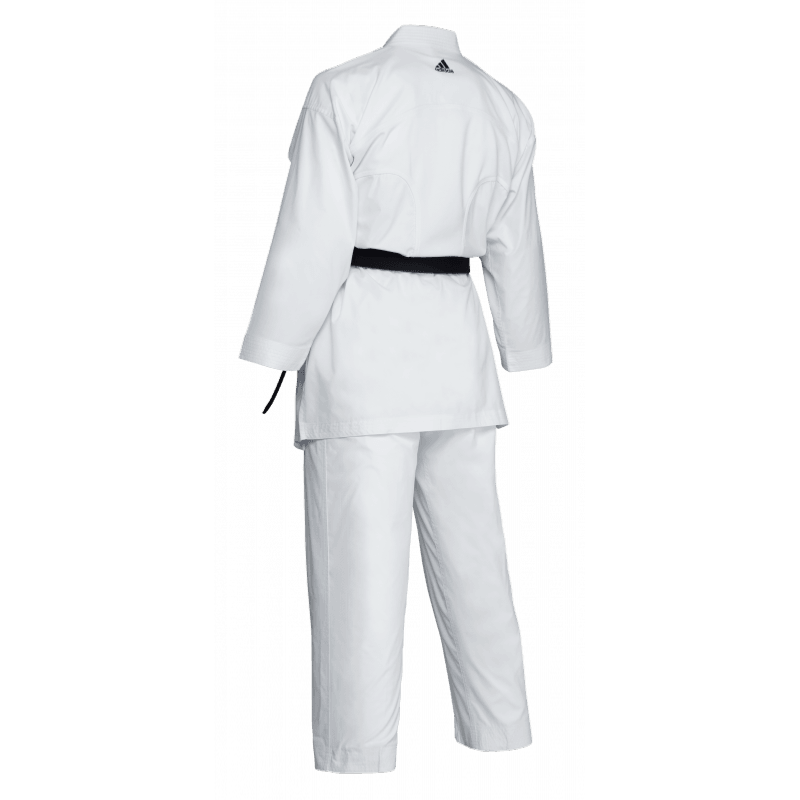 White Adidas karate gi kimono with black logo on back, lightweight and breathable for competition and training, WKF approved design.