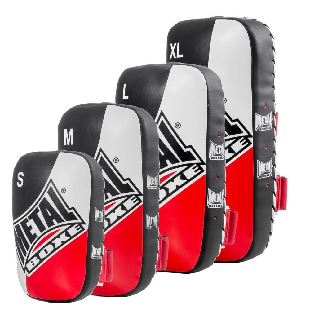 Set of Metal Boxe Club Line punching paos in sizes S, M, L, and XL with black, white, and red PU Curtex material and Velcro straps.