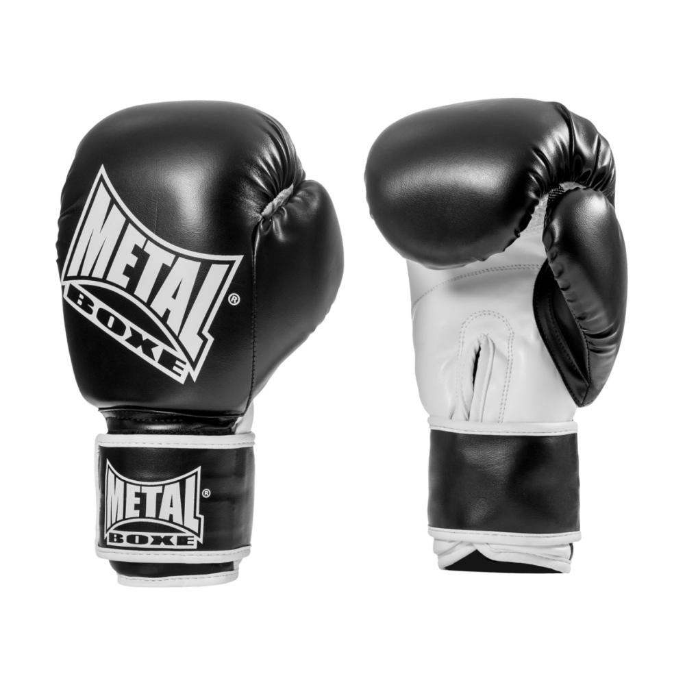 Black and white Metal Boxe MB200 training boxing gloves with wide velcro wrist straps, made of PU with injected foam for beginners and intermediate users.