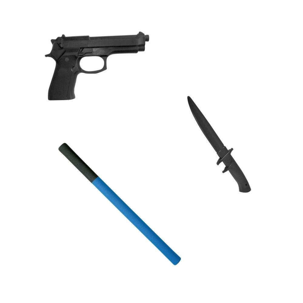 Training weapon kit for Krav Maga and self-defense including rubber knife, foam baton, and rubber pistol replica