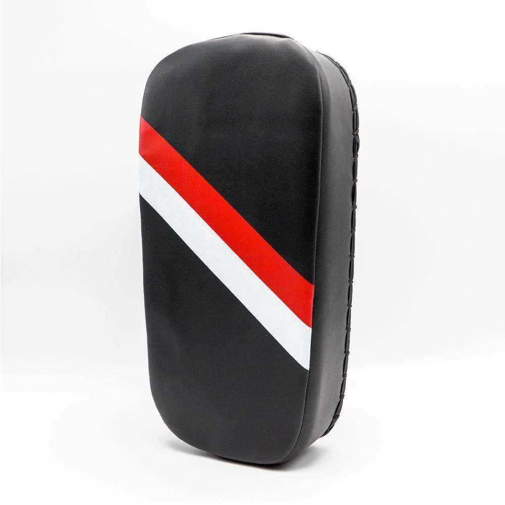 Pao Basic FUJIMAE black training pad with red and white diagonal stripes, durable PU and foam construction, 40x20x9 cm, designed for knee strike precision and power.