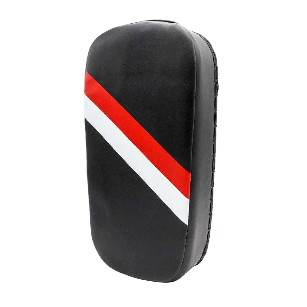 Pao Basic FUJIMAE black training pad with red and white diagonal stripes, durable PU and foam construction, 40x20x9 cm, designed for knee strike precision and power.