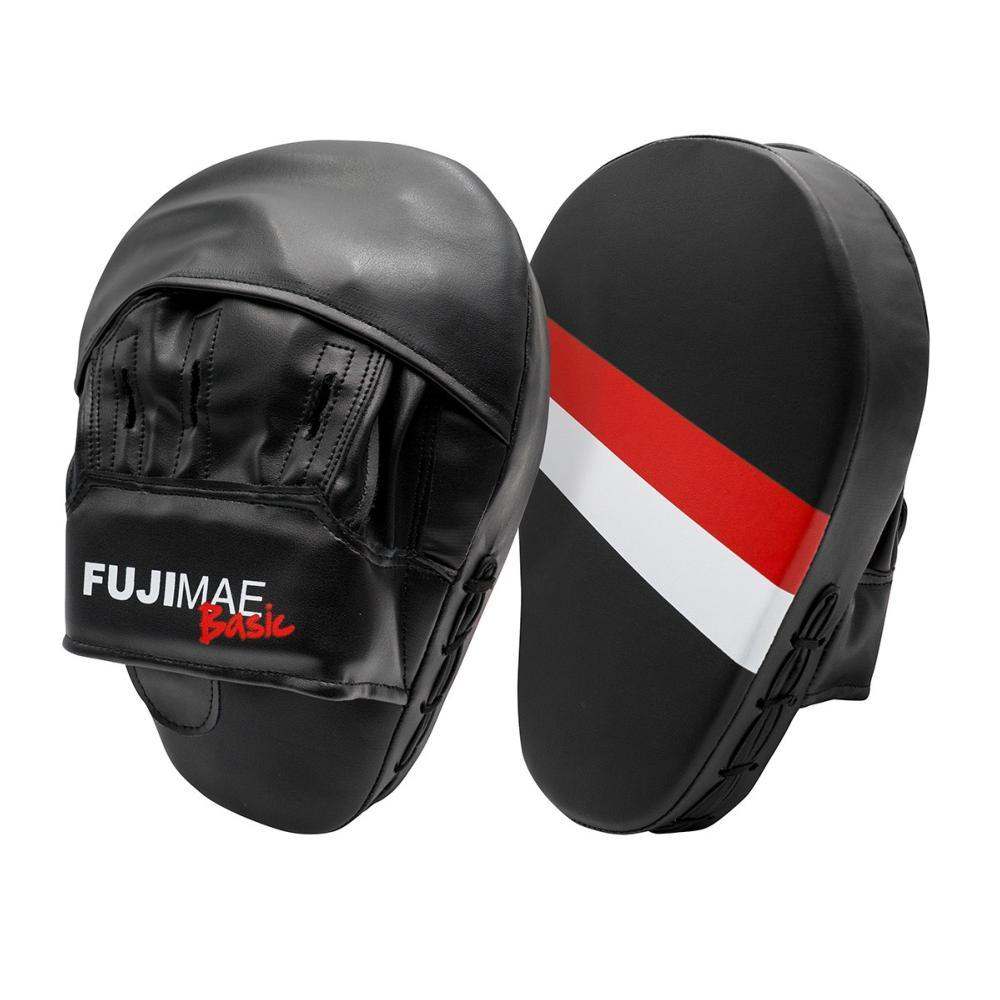 Pair of black FUJIMAE Basic punching mitts with red and white stripe for boxing training