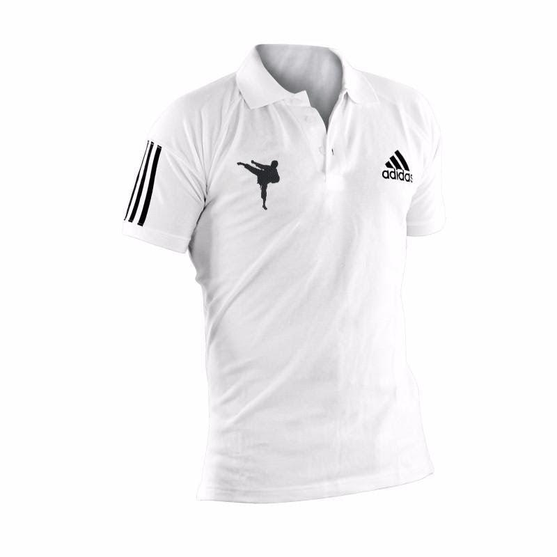 White slim-fit Polo Karaté adidas with black karateka embroidery and three black stripes on sleeve, made of 100% cotton piqué fabric