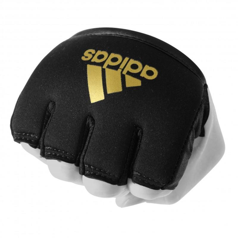 Black Adidas metacarpal protection mitts with integrated gel padding for combat sports training