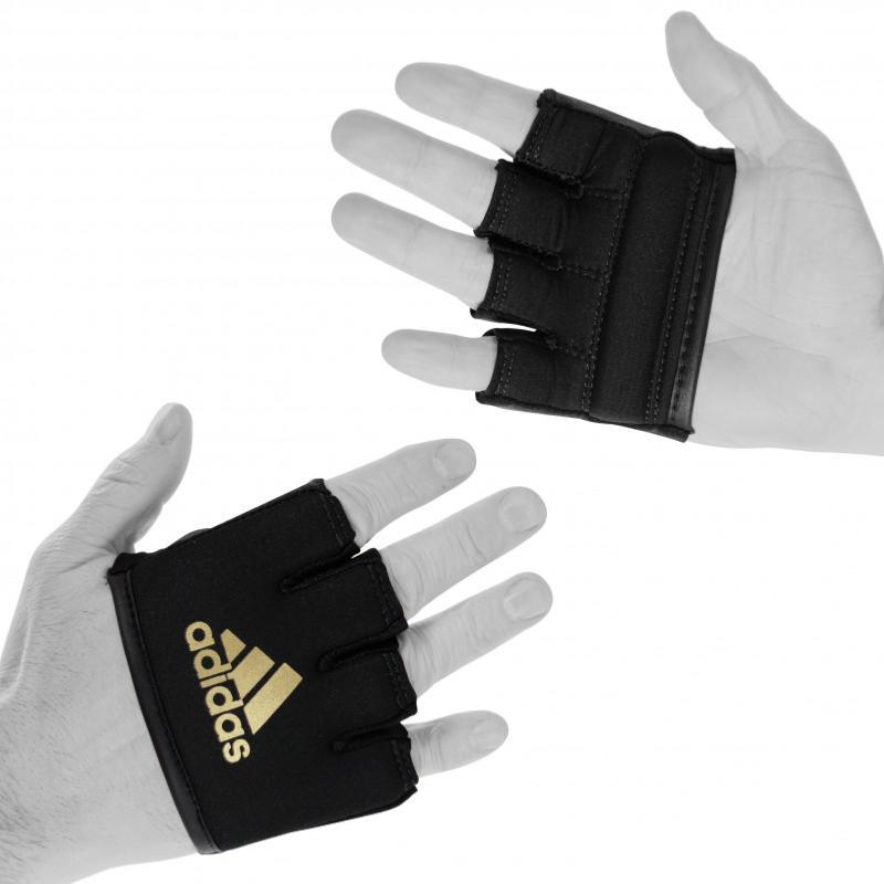 Black Adidas metacarpal protective mitts with integrated gel for boxing and martial arts.