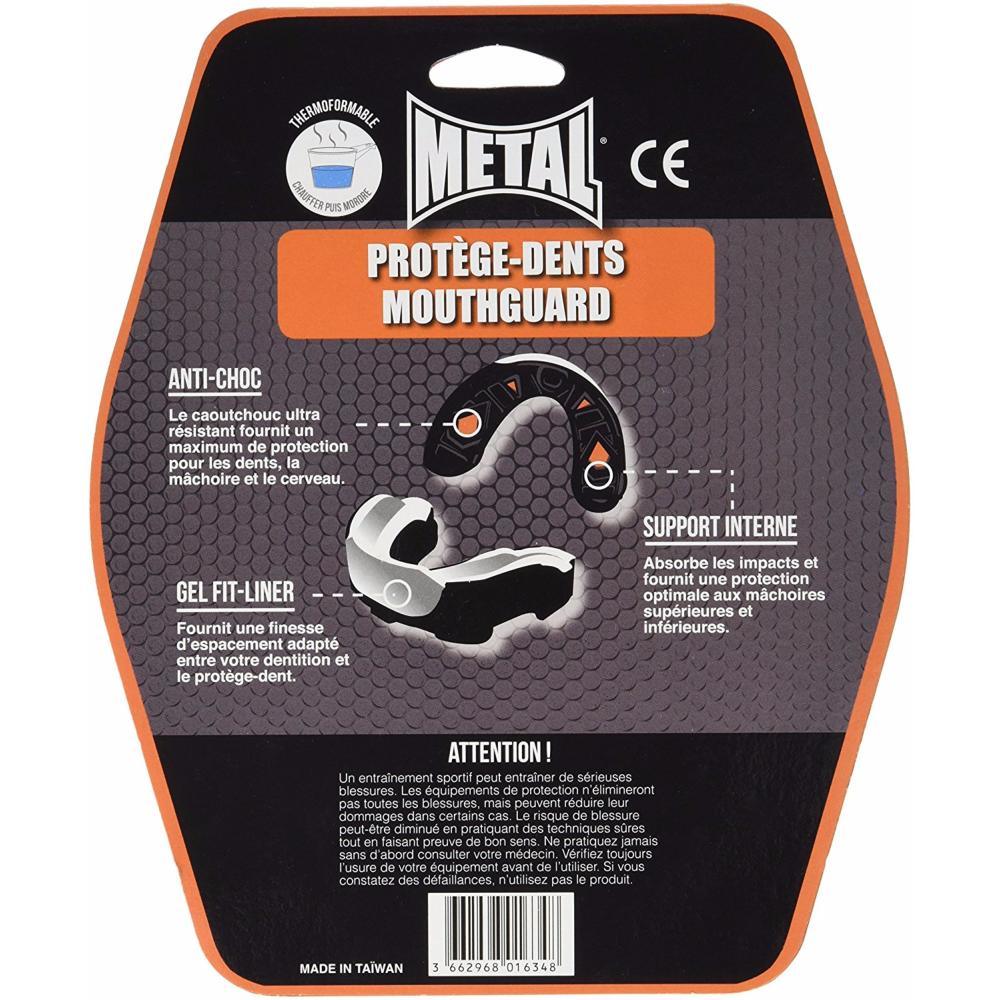 Metal Boxe bi-material thermo-moldable mouthguard with shock-absorbing rubber and gel fit-liner, black-white, senior size, for contact sports.