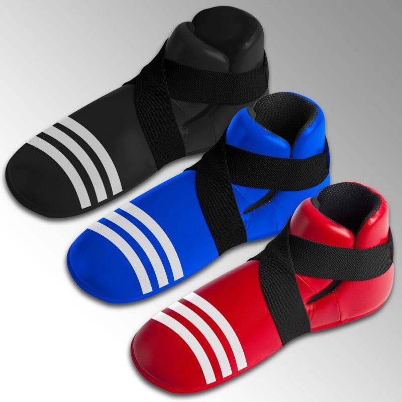 Adidas full contact foot protection boots in black, blue, and red with adjustable straps and durable PU material