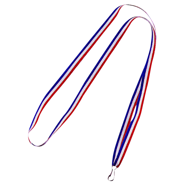 Tricolor individual ribbon with metal clip in blue, white, and red for medals, 80 cm polyester strip, lightweight and durable.