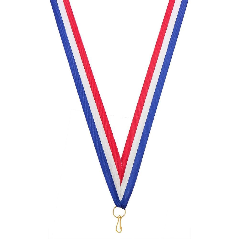 Tricolor ribbon for medal in blue, white, and red with metal clip attachment