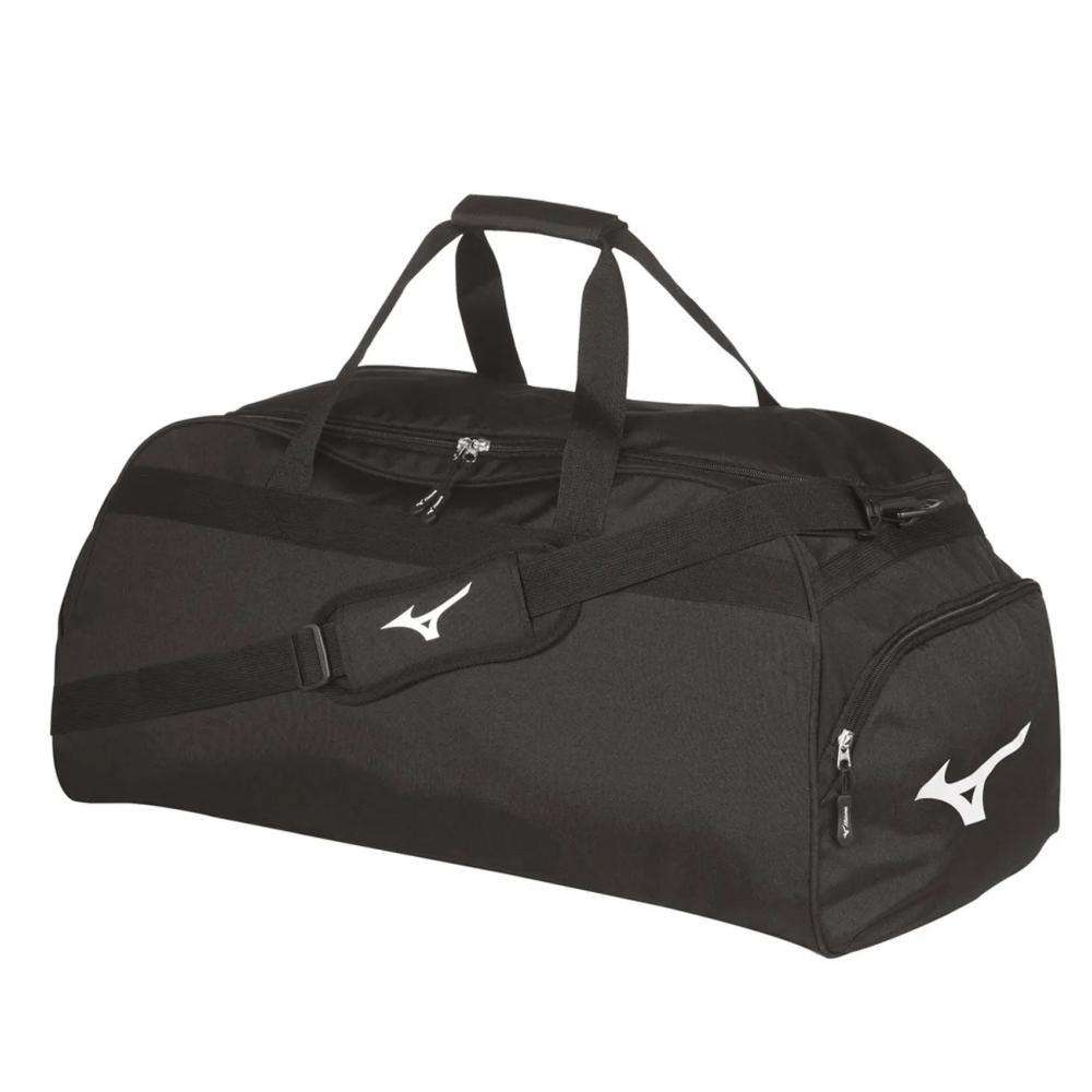 Black Mizuno Holdall sports bag with shoulder strap and multiple zip compartments for martial arts and combat sports equipment