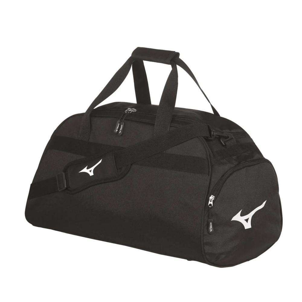 Black Mizuno Holdall sports bag with white logo, durable polyester, large main compartment and side shoe pocket, designed for martial arts and combat sports equipment.