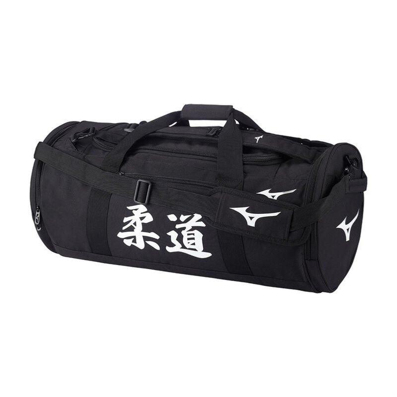 Black Mizuno Judo sports bag with white Japanese Judo lettering and multiple compartments, 45L capacity sac de sport Judo Mizuno