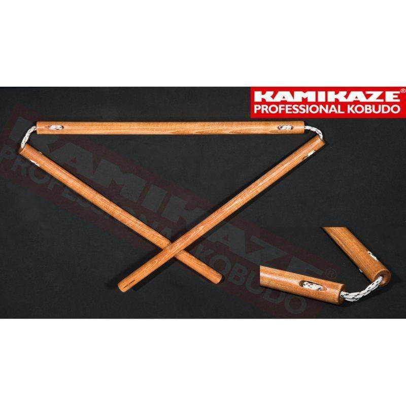 Handmade Kamikaze Sansetsukon nunchaku tri-baton with natural oak wood and triple rope design
