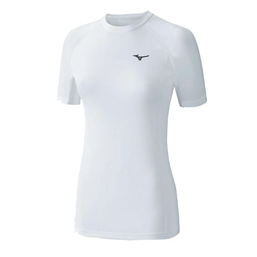 White Mizuno women's short-sleeve compression rashguard with Bio Gear technology and logo on chest