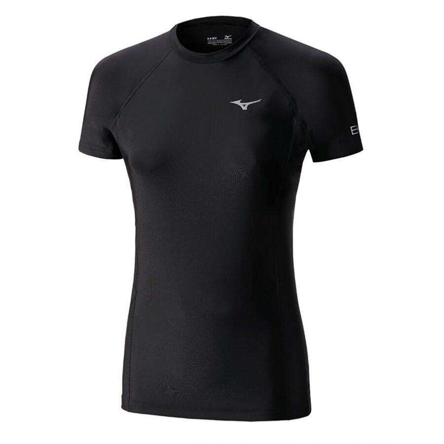 Black Mizuno women's short sleeve compression rashguard with white logo and flat seams