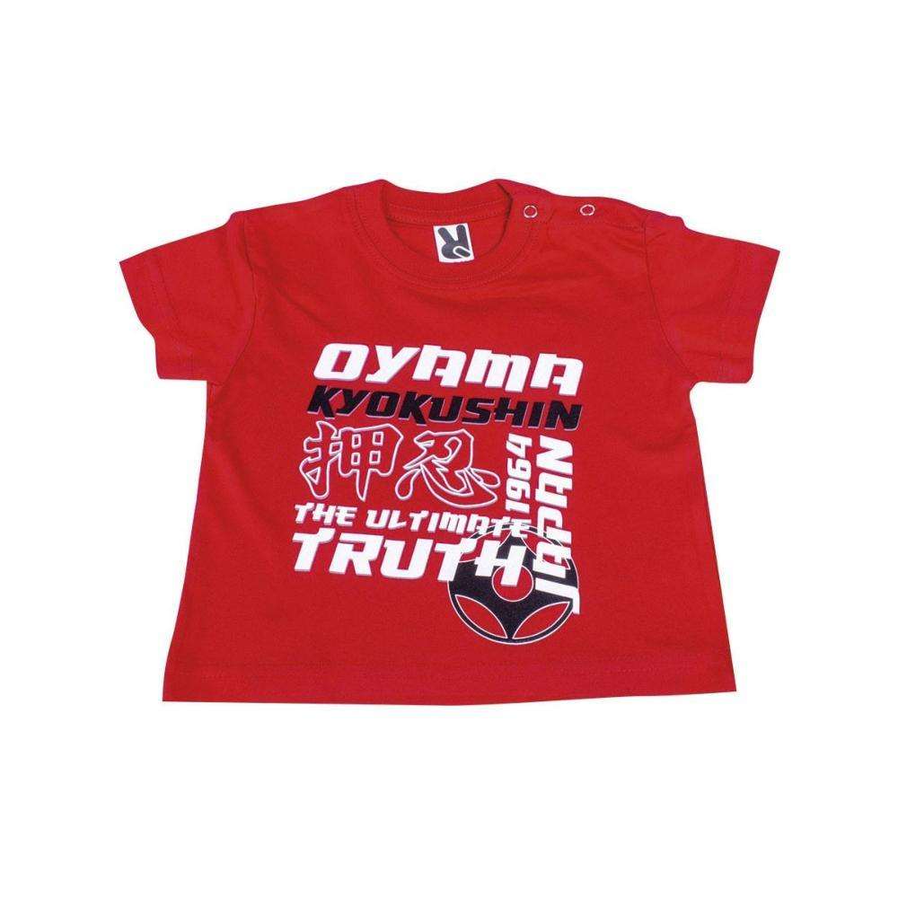 Red baby T-shirt with Karaté Kyokushinkai white and black lettering and red kanji print, side buttons for easy dressing.