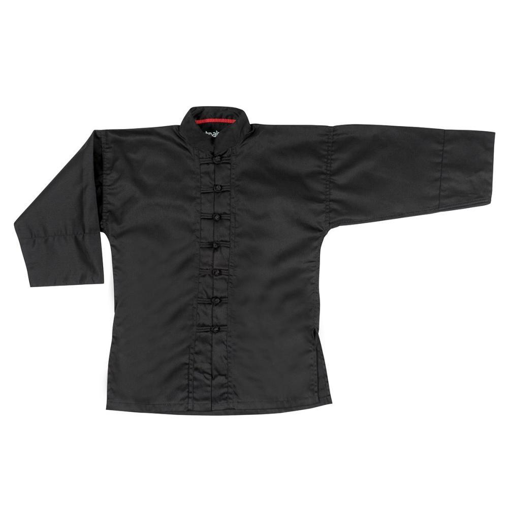 Black traditional Kung-Fu jacket with Mao collar and seven buttons for martial arts practice by FUJIMAE