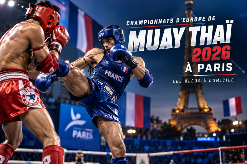 Illustration des Championnats d’Europe de Muay Thaï 2026 à Paris : un combattant français porte un coup de pied sur un ring.
