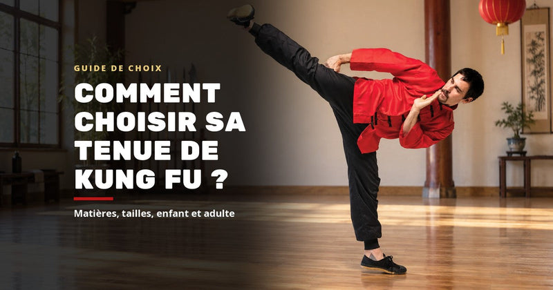 Comment choisir sa tenue de kung fu : pratiquant en veste rouge et pantalon noir en coup de pied haut