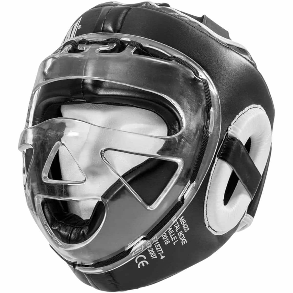 Casque MMA Metal Boxe intégral noir avec visière polycarbonate et mousse EVA pour protection et confort optimal