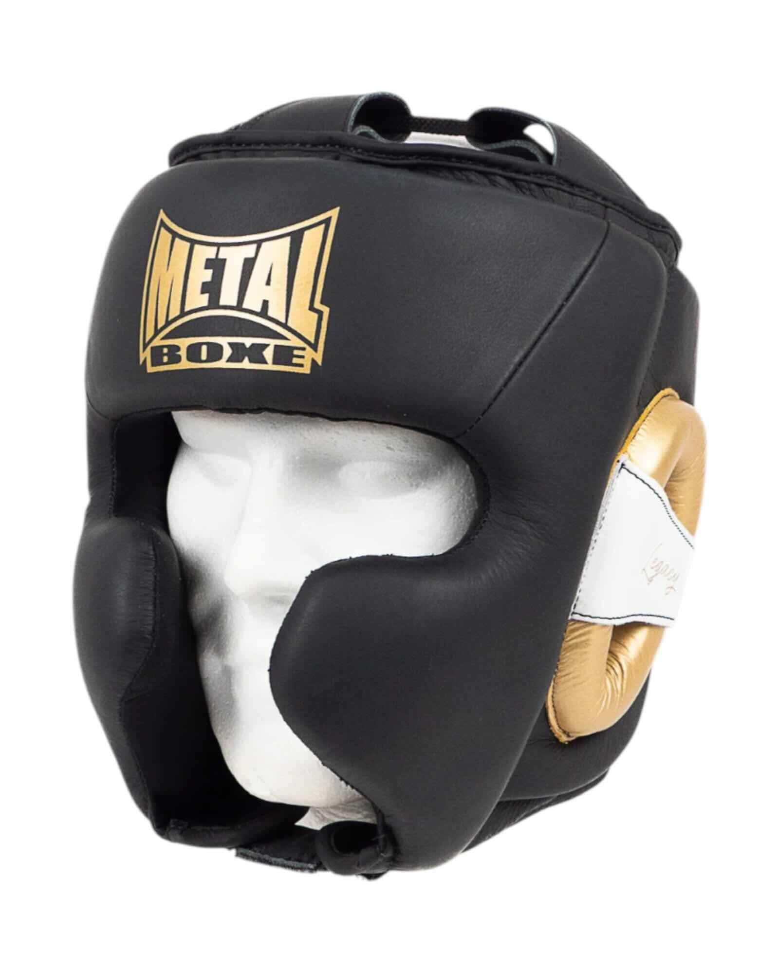 Casque de boxe semi intégral Metal Boxe Legacy en cuir noir, blanc et or.