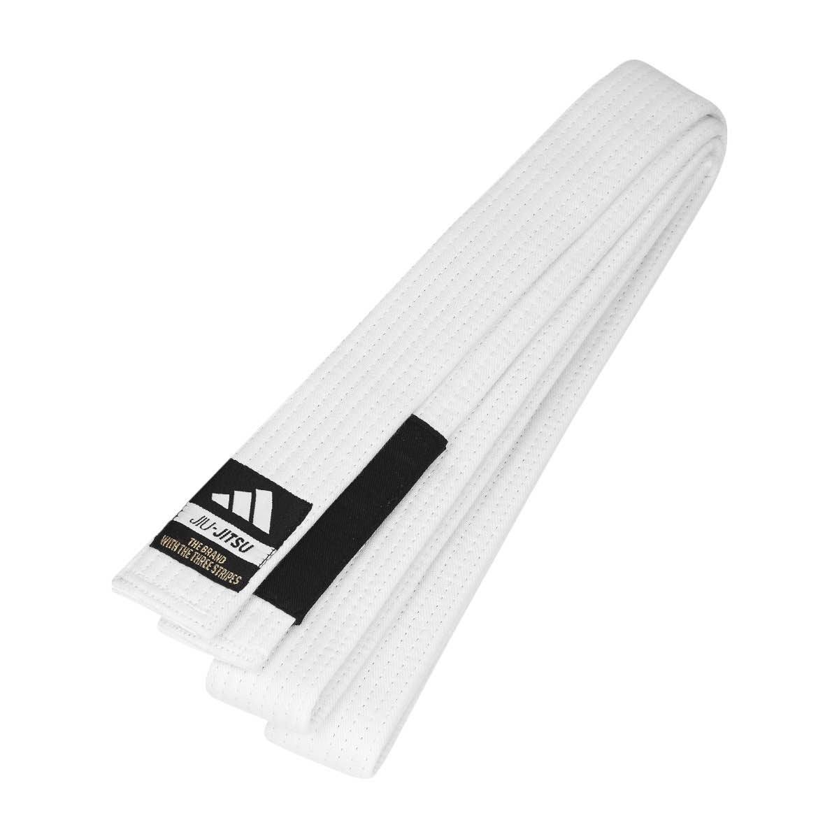 White Adidas Elite Brazilian Jiu Jitsu belt made of cotton and polyester with reinforced stitching and official patch