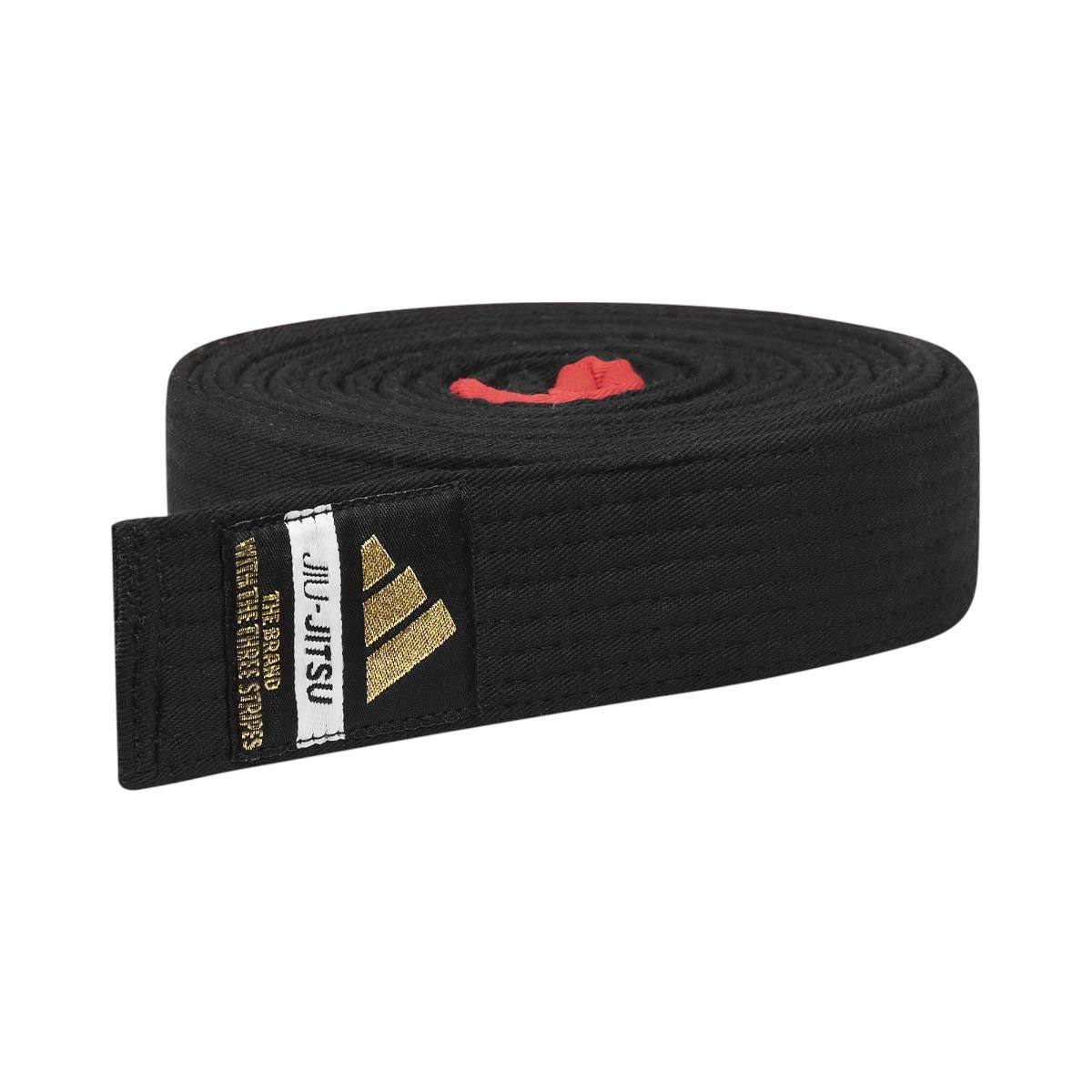 Black Adidas Ceinture Jiu Jistu Brésilien belt with gold logo and durable cotton-polyester blend for Brazilian Jiu Jitsu training