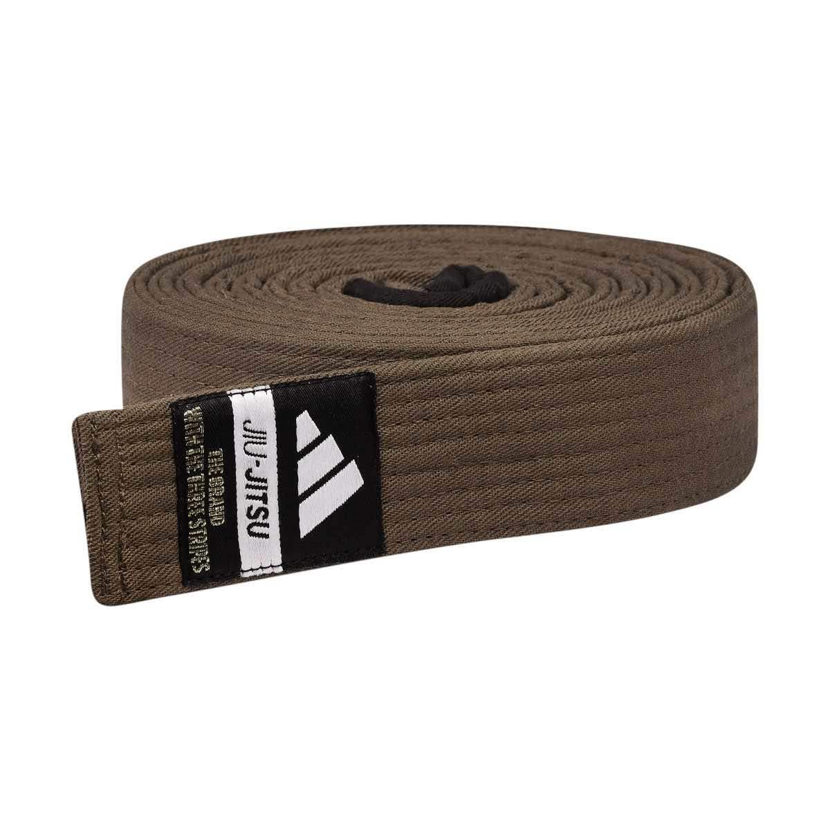 Brown Adidas Elite Brazilian Jiu Jitsu belt made of cotton and polyester with reinforced stitching and Jiu Jitsu patch