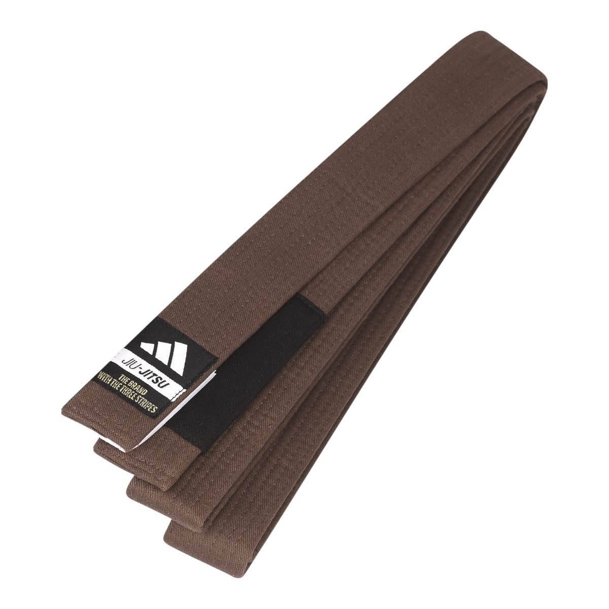 Brown Adidas Elite Brazilian Jiu Jitsu belt with durable stitching and black patch.