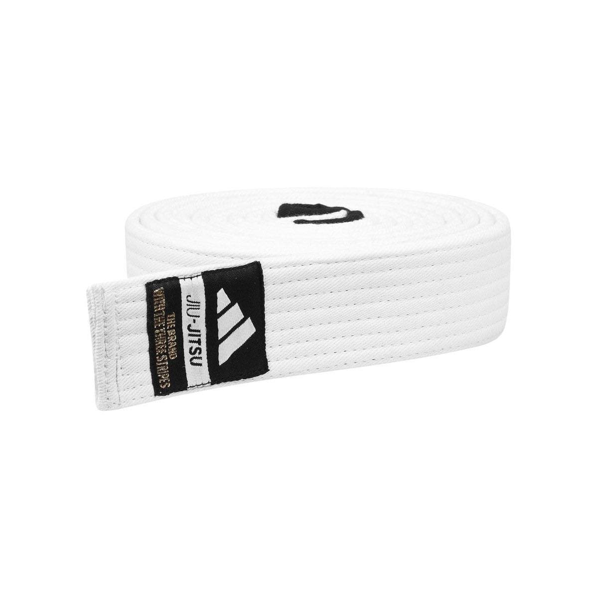 White Adidas Elite official Brazilian Jiu Jitsu belt with stitched details and Jiu-Jitsu logo patch