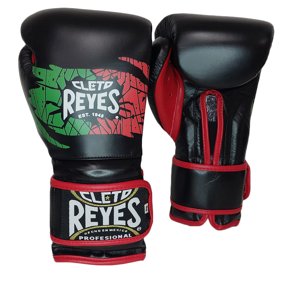 Gants de boxe Cleto Reyes Pro cuir noir aux couleurs du Mexique, la paire