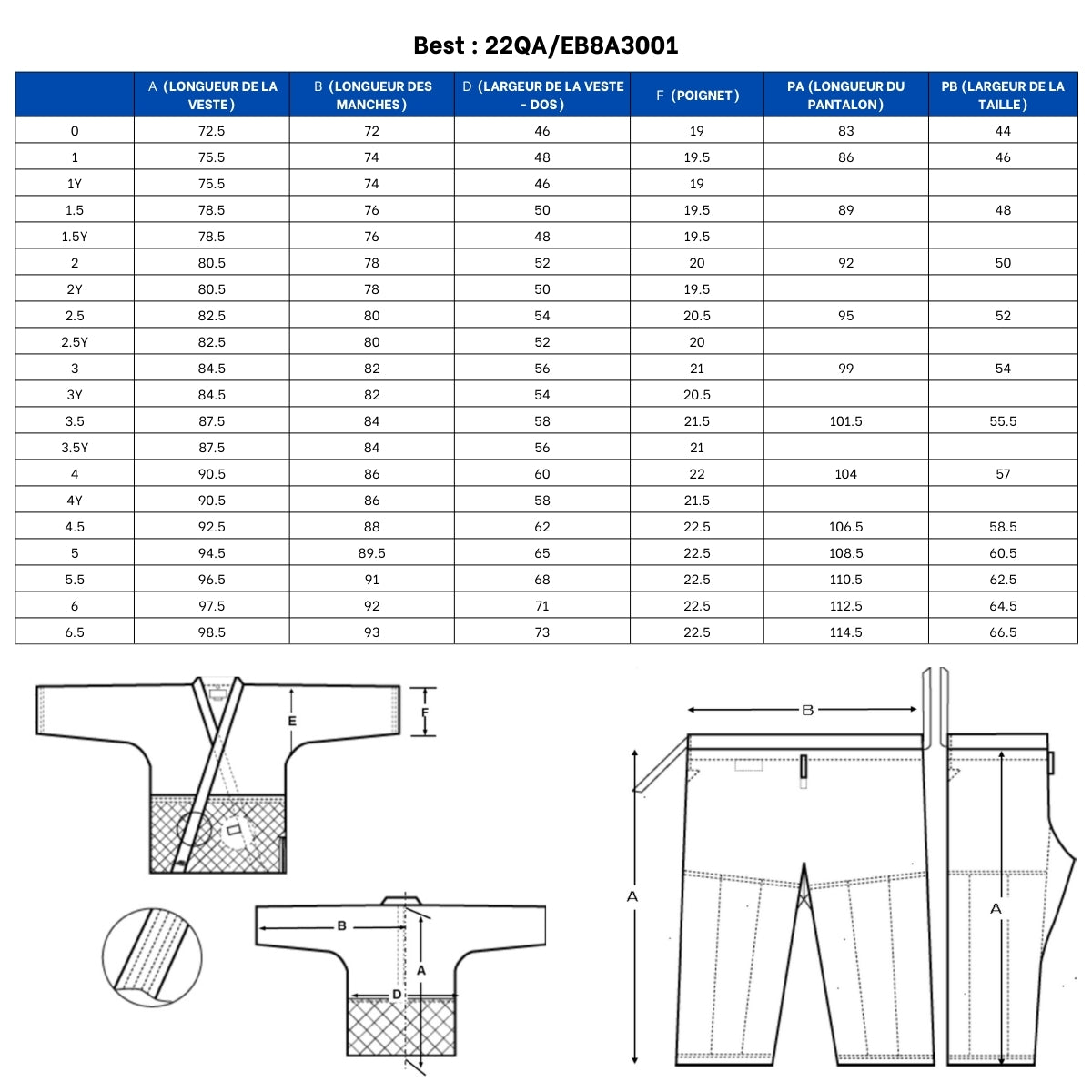 Guide des tailles Veste de Judo Mizuno Yusho Best IJF 2023 - Blanc