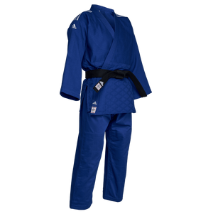 Blue Adidas Champion III IJF judo kimono with black belt, professional competition design