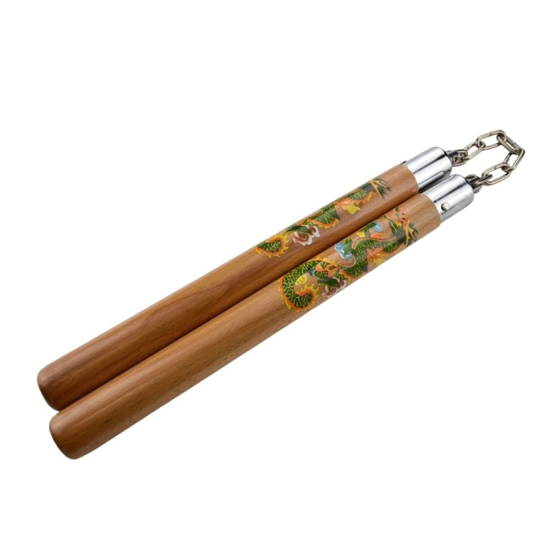 Nunchaku bois Naturel chaîne rond dragon 30 cm - NS20