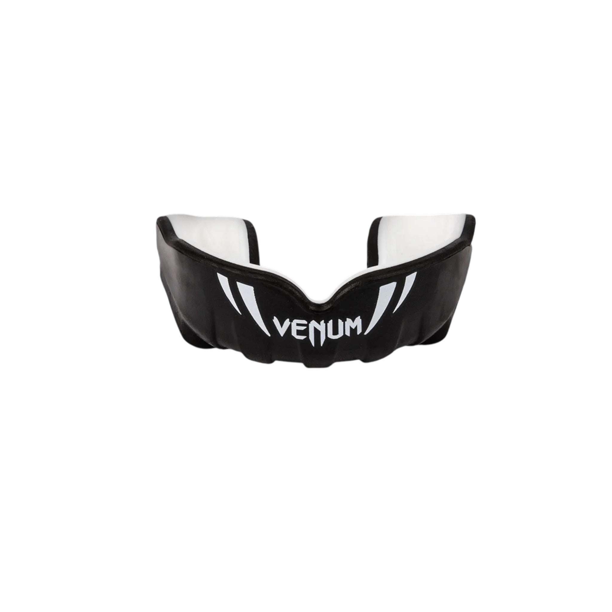 Protège-dents enfant Venum Challenger noir et blanc avec double couche de gel et haute densité pour sports de combat sécurisé.