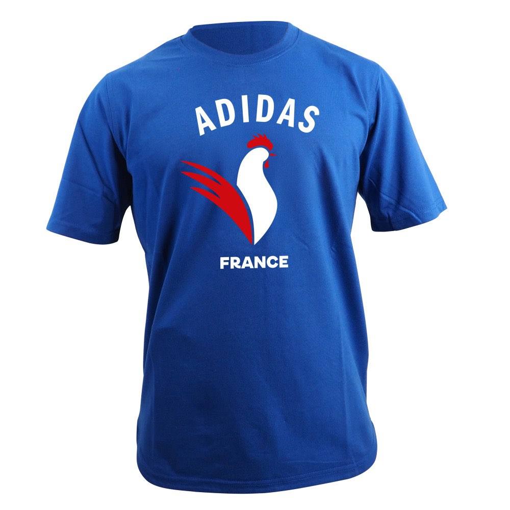 T-shirt adidas bleu avec sérigraphie Coq France, idéal pour le judo et arts martiaux