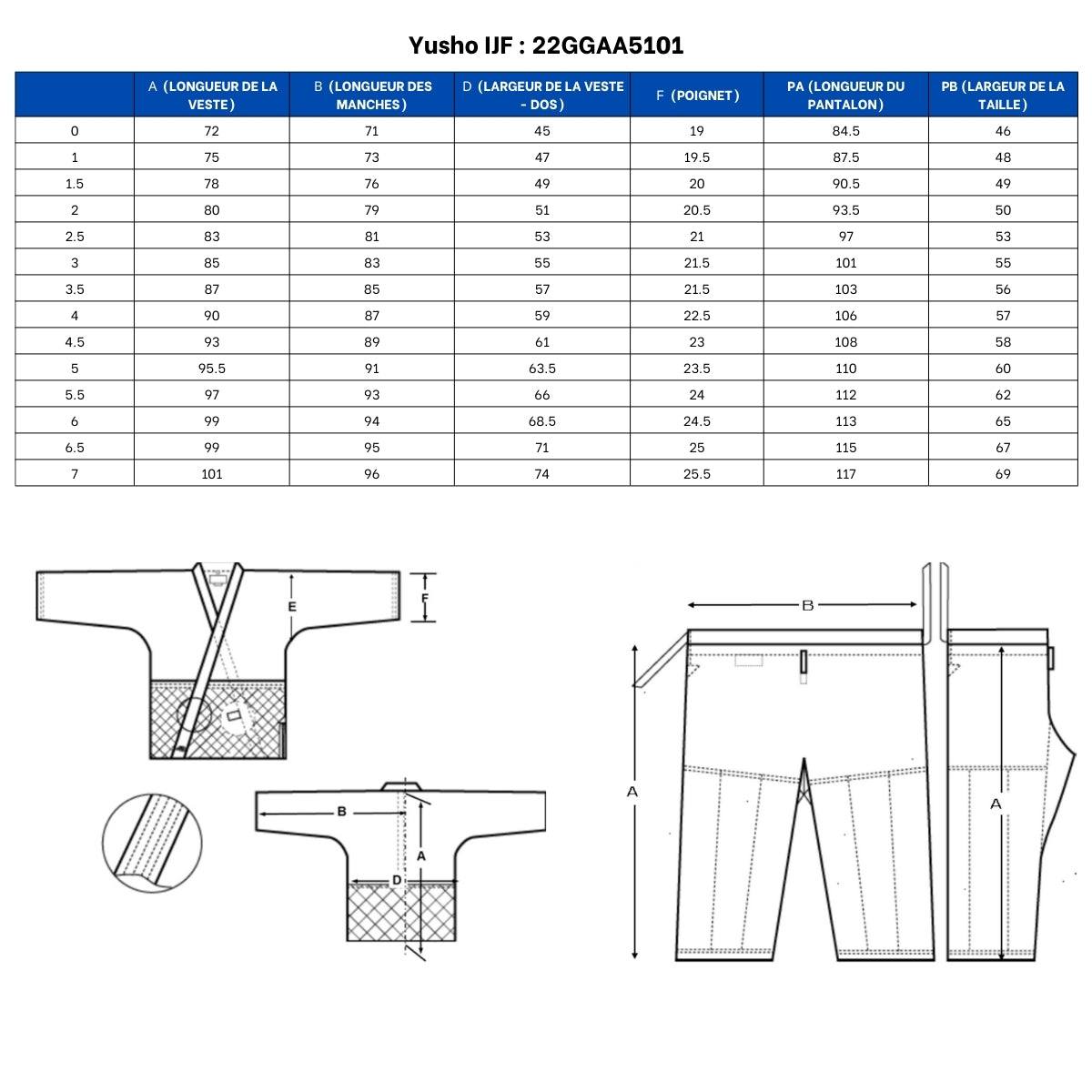 Guide des Tailles Kimono de Judo Mizuno Yusho IJF 2023