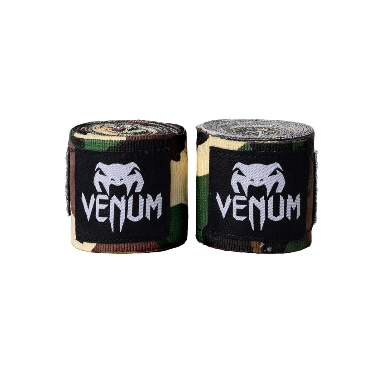 Bandes de boxe Venum en coton élastique, motif camouflage forestier, roulées avec logo blanc et fermeture auto-agrippante