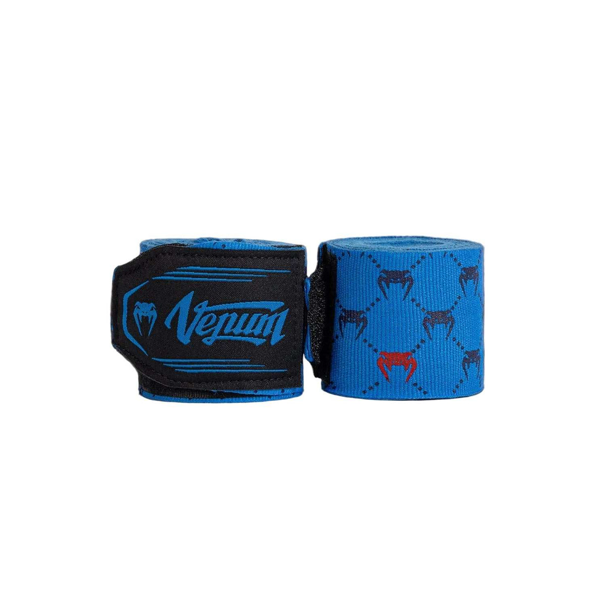 Bandes de Boxe Venum bleues en coton élastique, motif monogramme et fermeture auto-agrippante avec écusson.