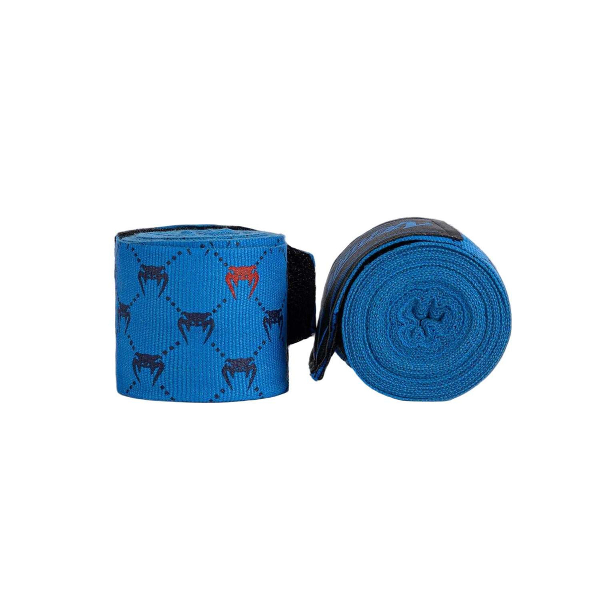 Bandes de Boxe Venum bleues en coton élastique, motif logo répété et fermeture auto-agrippante.