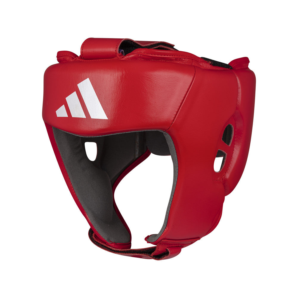 Cuir et logo trois bandes du casque de boxe adidas World Boxing rouge